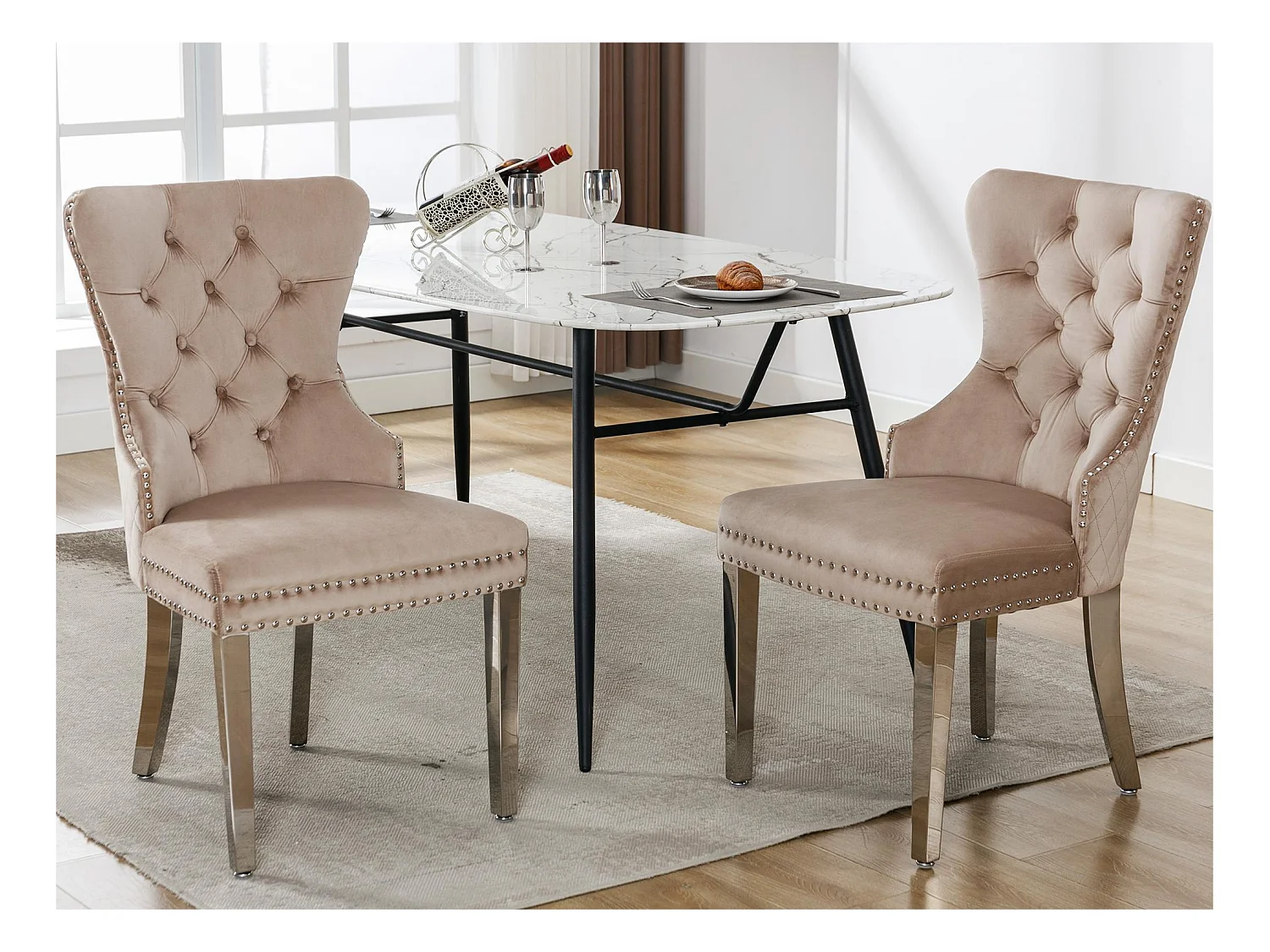 Lot de 2 chaises en velours avec pieds métallique - Beige
