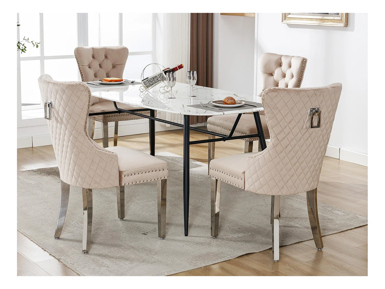 Lot de 4 chaises en velours avec pieds métallique - Beige