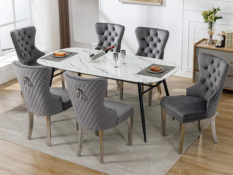 Set aus 6 Samtstühlen mit Metallbeinen – Grau