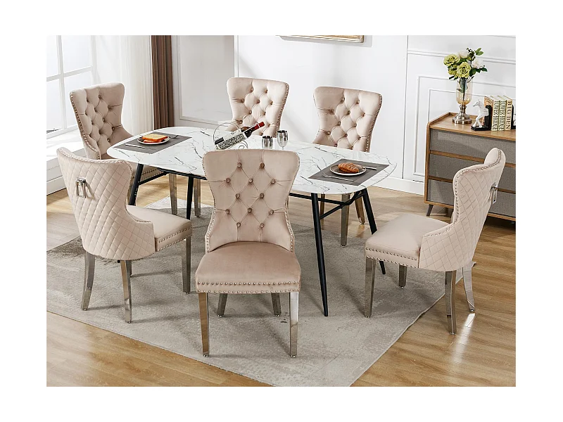 Set aus 6 Samtstühlen mit Metallbeinen – Beige