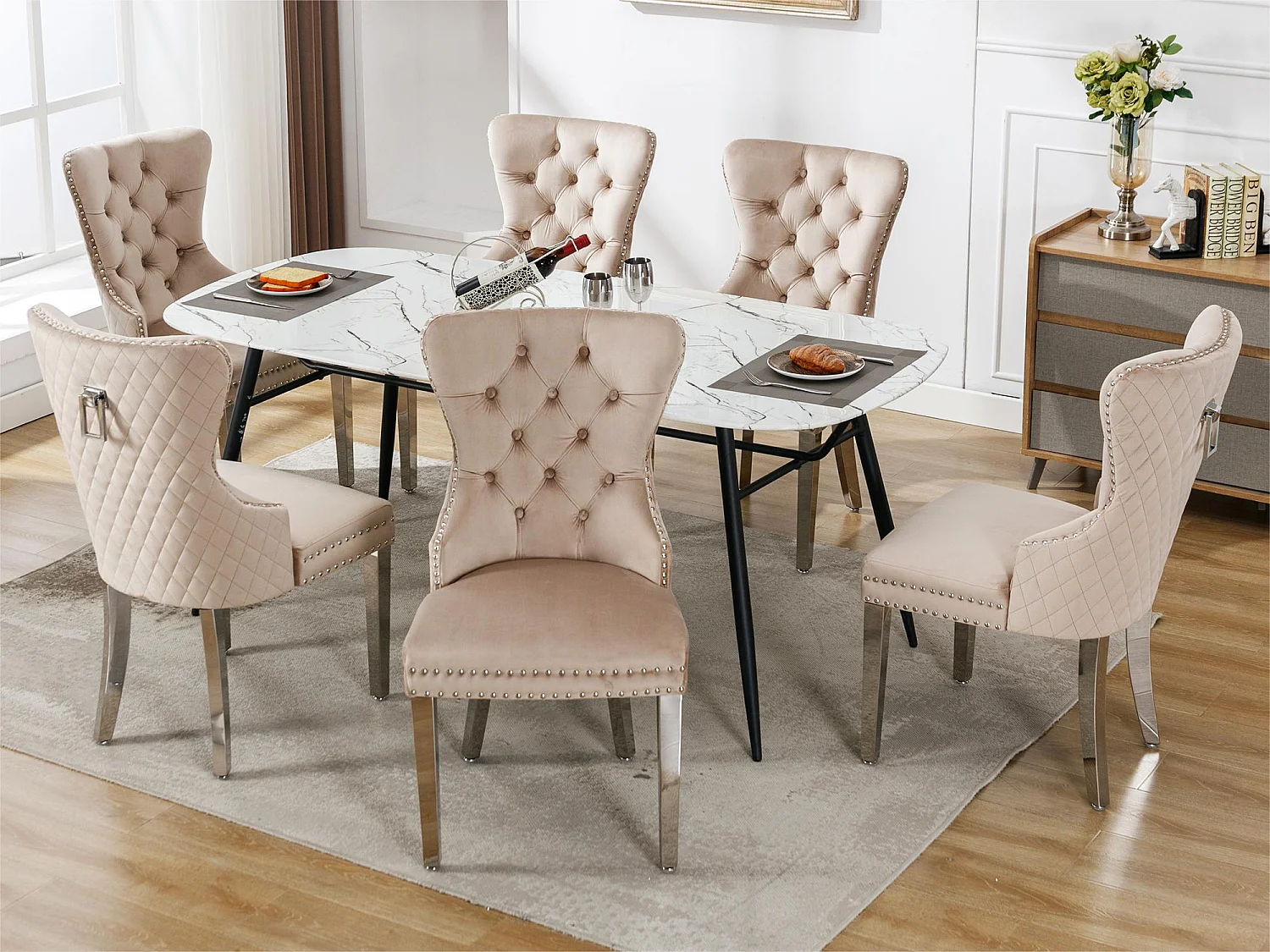Set van 6 fluwelen stoelen met metalen poten - Beige