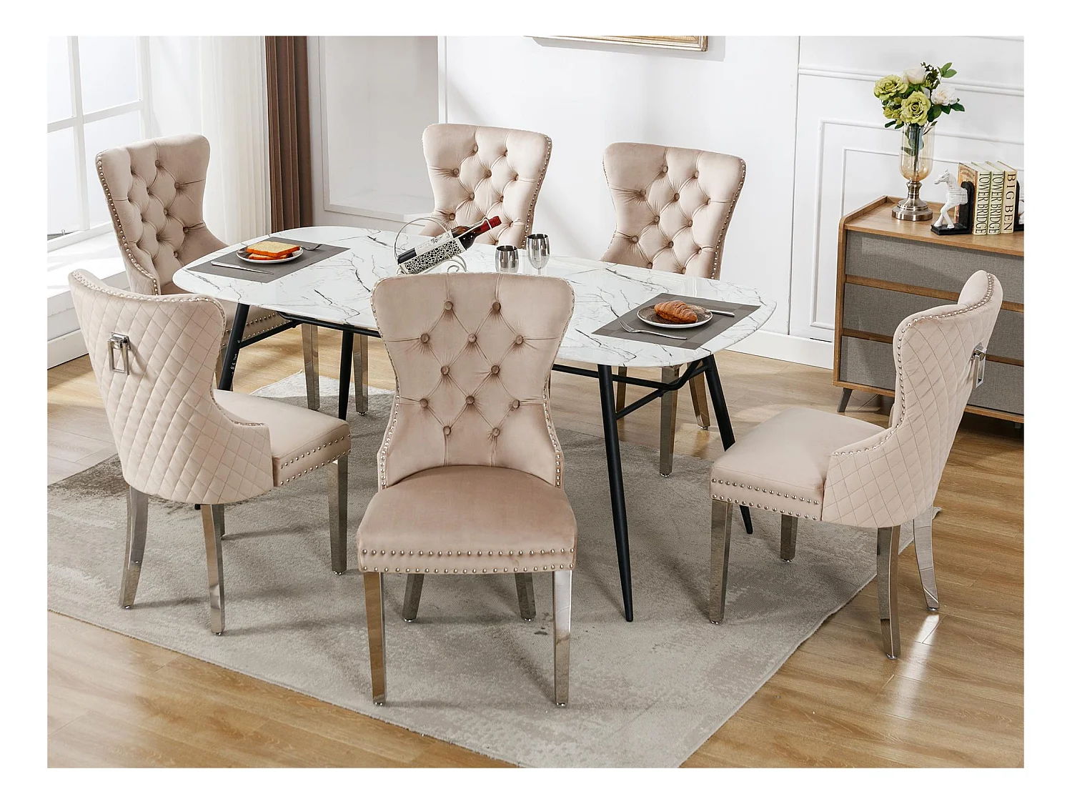 Lot de 6 chaises en velours avec pieds métallique - Beige