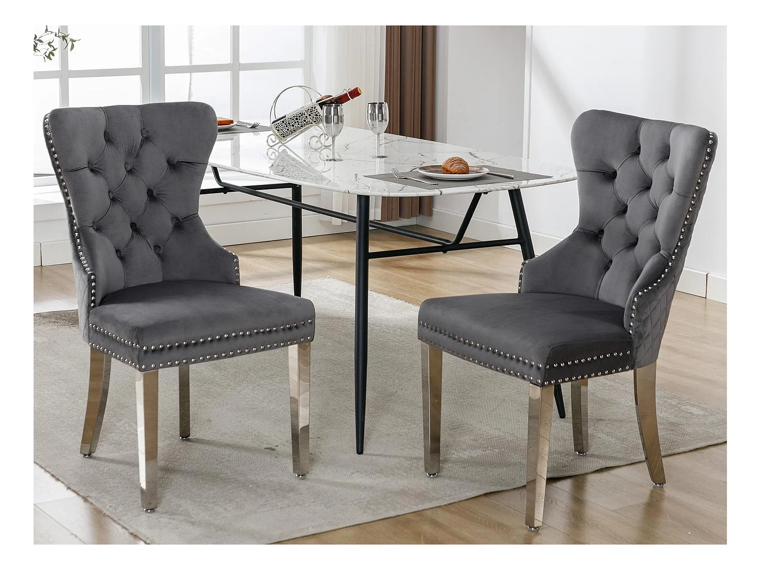 Lot de 2 chaises en velours avec pieds métallique - Gris