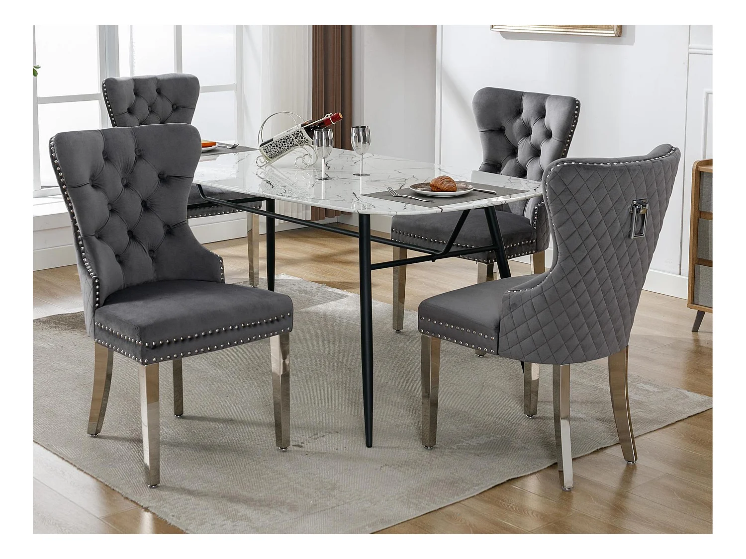 Lot de 4 chaises en velours avec pieds métallique - Gris