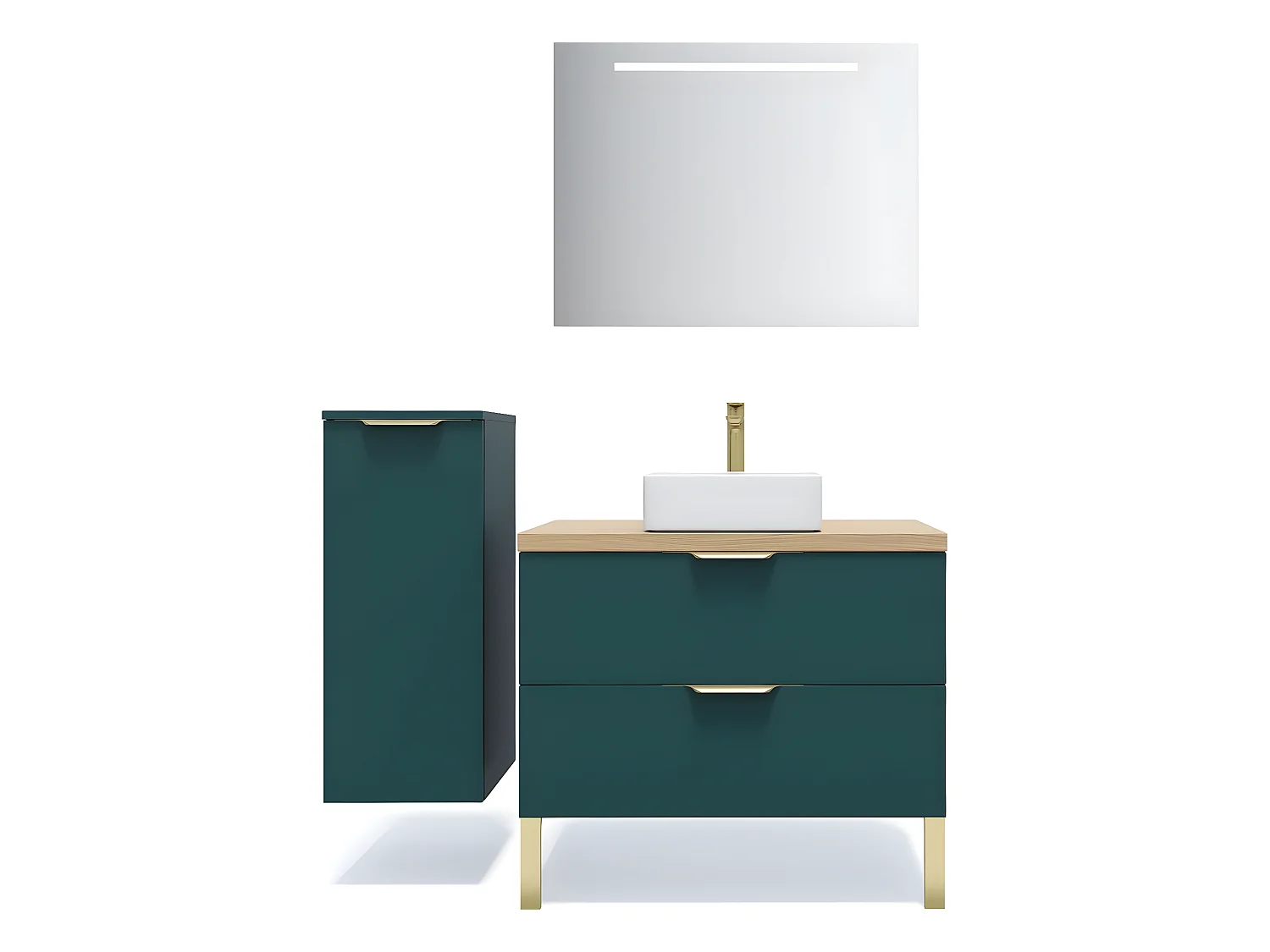 Meuble de salle de bain suspendu vasque à poser 90cm 2 tiroirs Bleu + miroir + colonne ouverture gauche - Venice