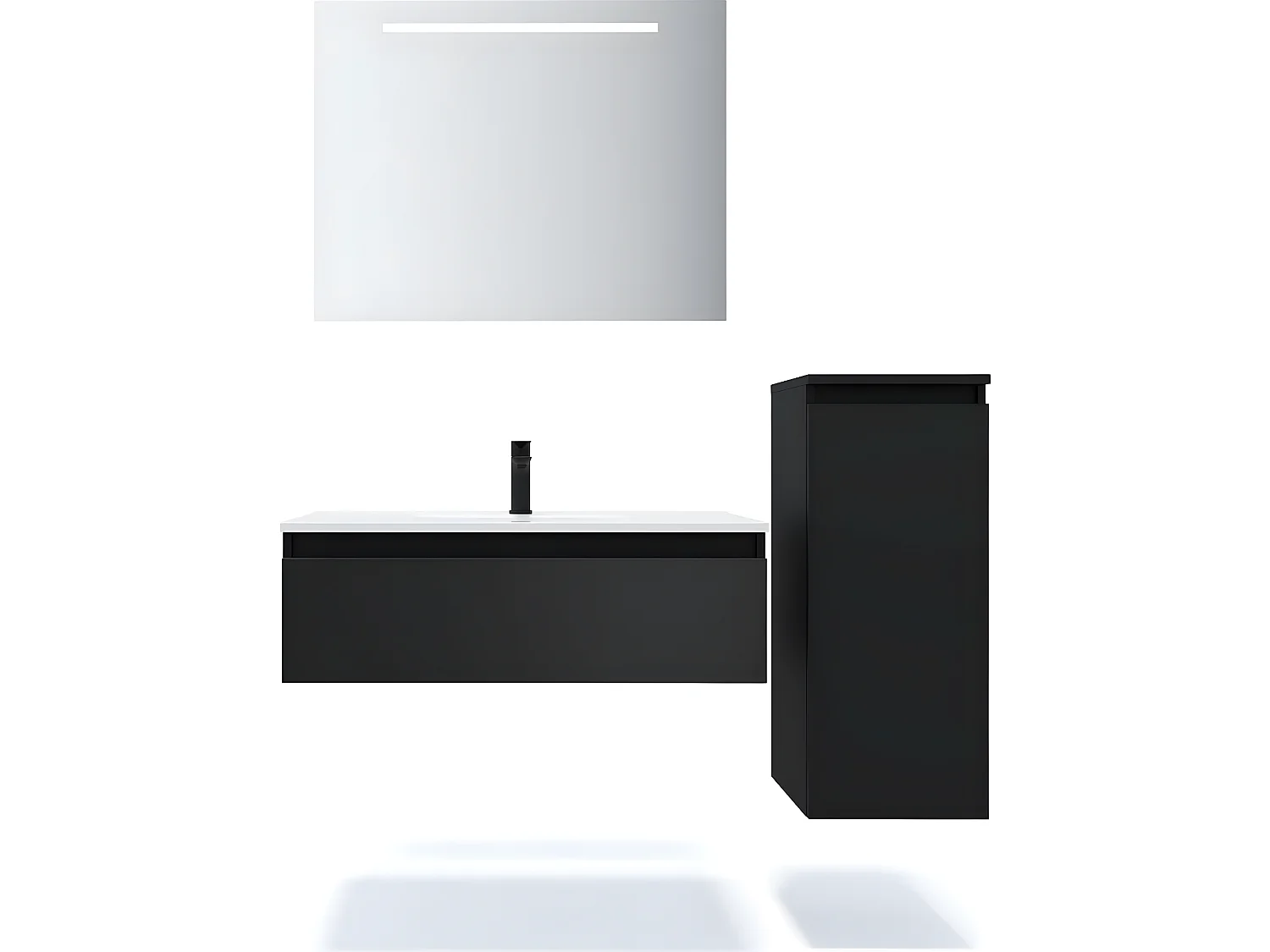 Meuble de salle de bain suspendu vasque intégrée 90cm 1 tiroir Noir + miroir + colonne ouverture droite - Hudson