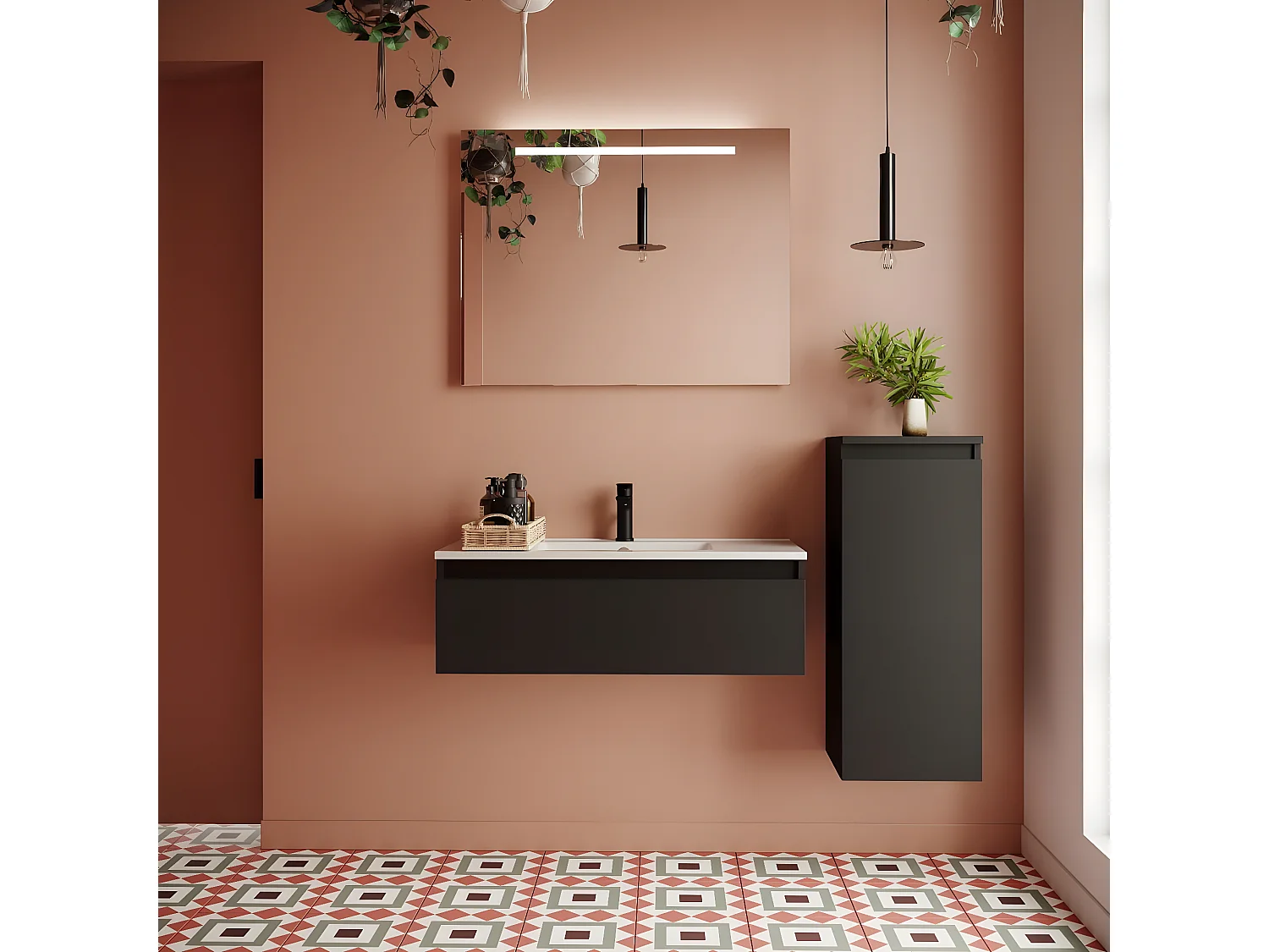 Meuble de salle de bain suspendu vasque intégrée 90cm 1 tiroir Noir + miroir + colonne ouverture droite - Hudson