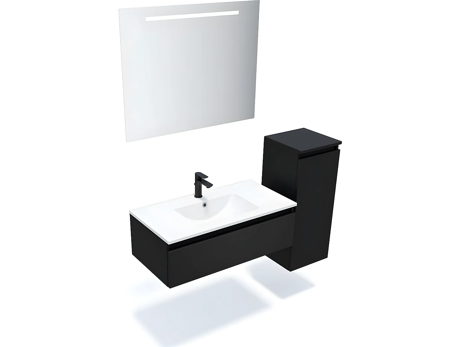 Meuble de salle de bain suspendu vasque intégrée 90cm 1 tiroir Noir + miroir + colonne ouverture droite - Hudson