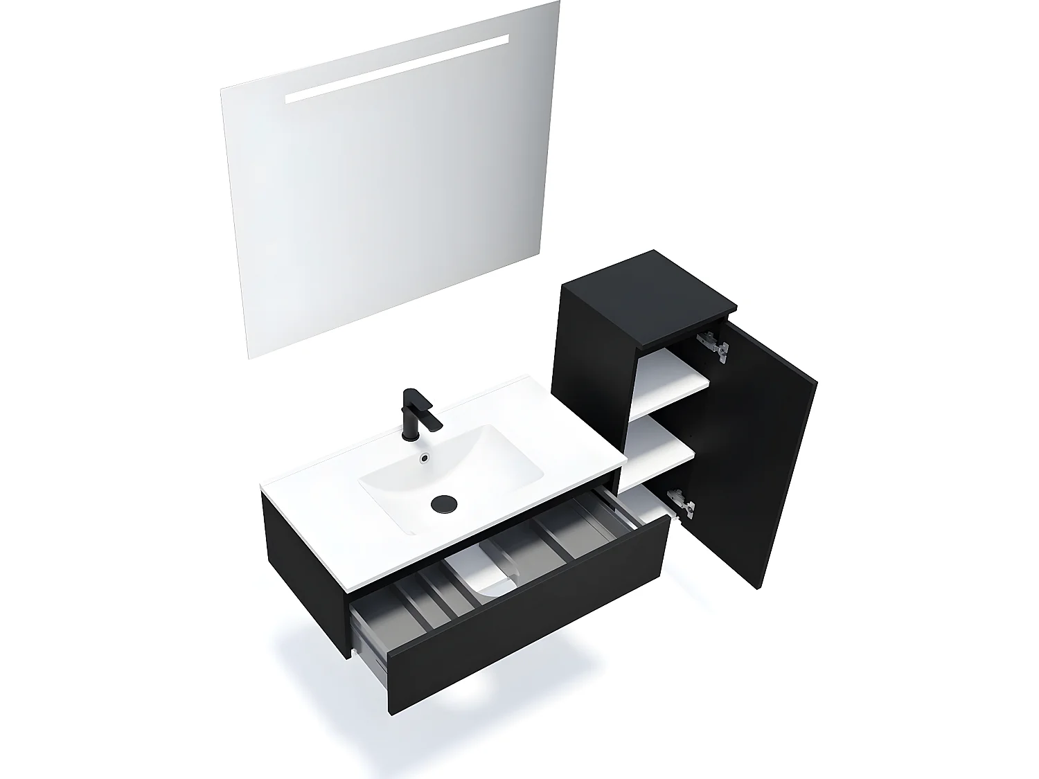 Meuble de salle de bain suspendu vasque intégrée 90cm 1 tiroir Noir + miroir + colonne ouverture droite - Hudson