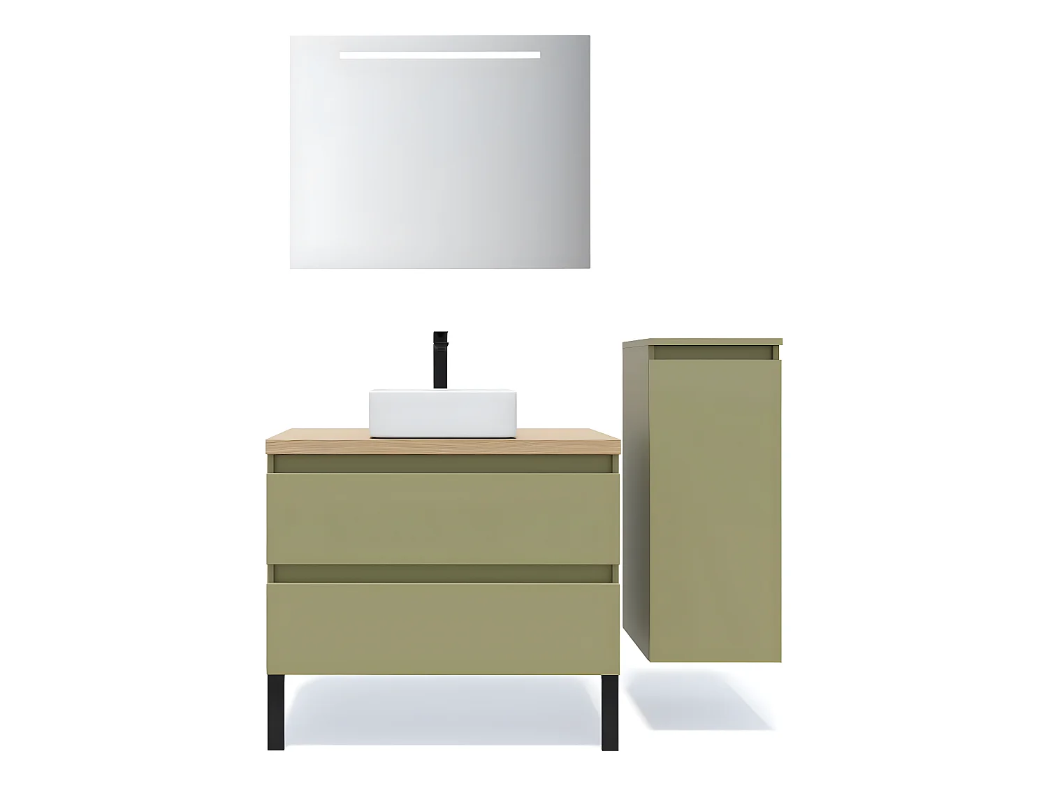 Meuble de salle de bain suspendu vasque à poser 90cm 2 tiroirs Vert olive + miroir + colonne ouverture droite - Hudson