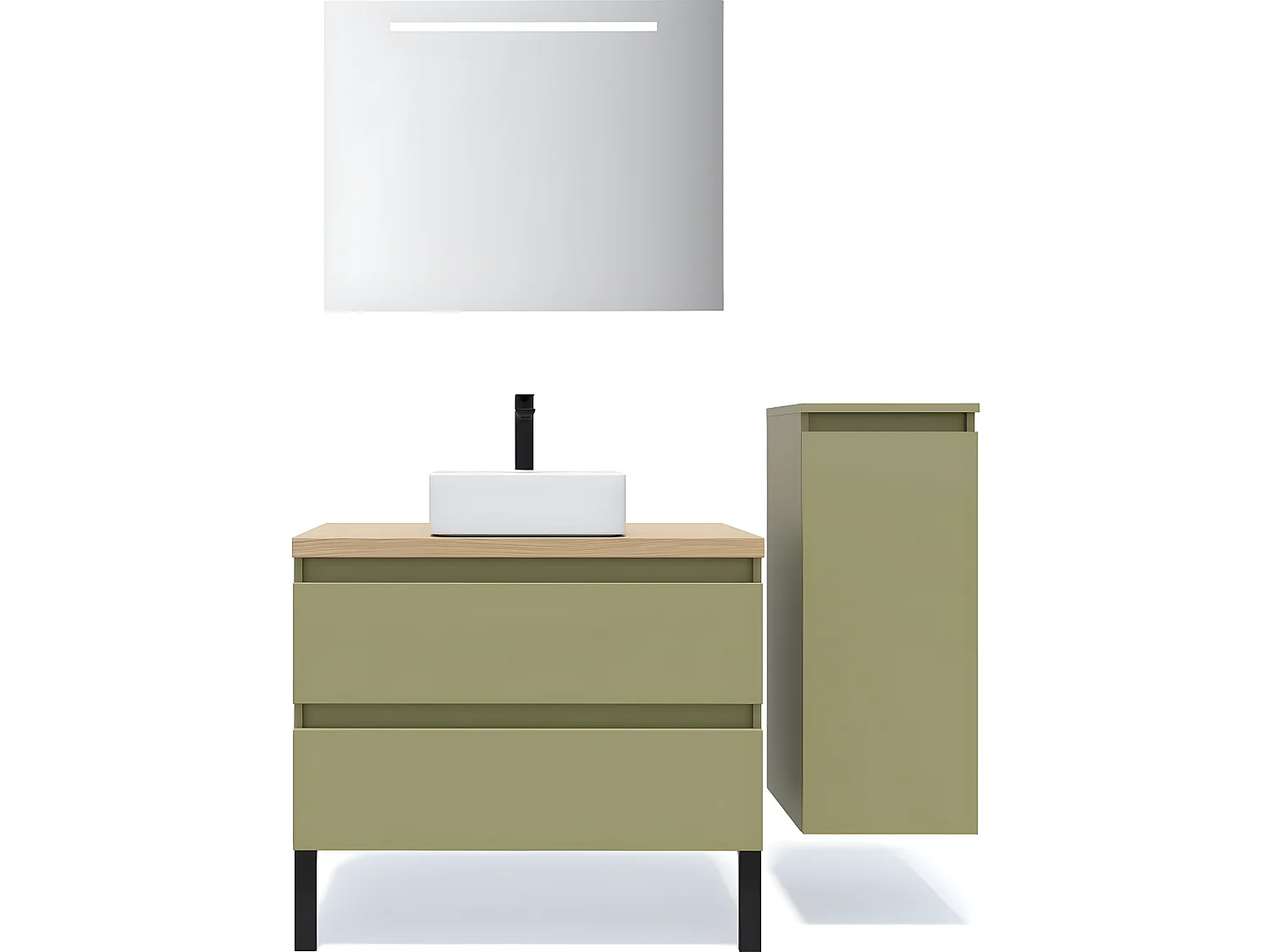 Meuble de salle de bain suspendu vasque à poser 90cm 2 tiroirs Vert olive + miroir + colonne ouverture droite - Hudson