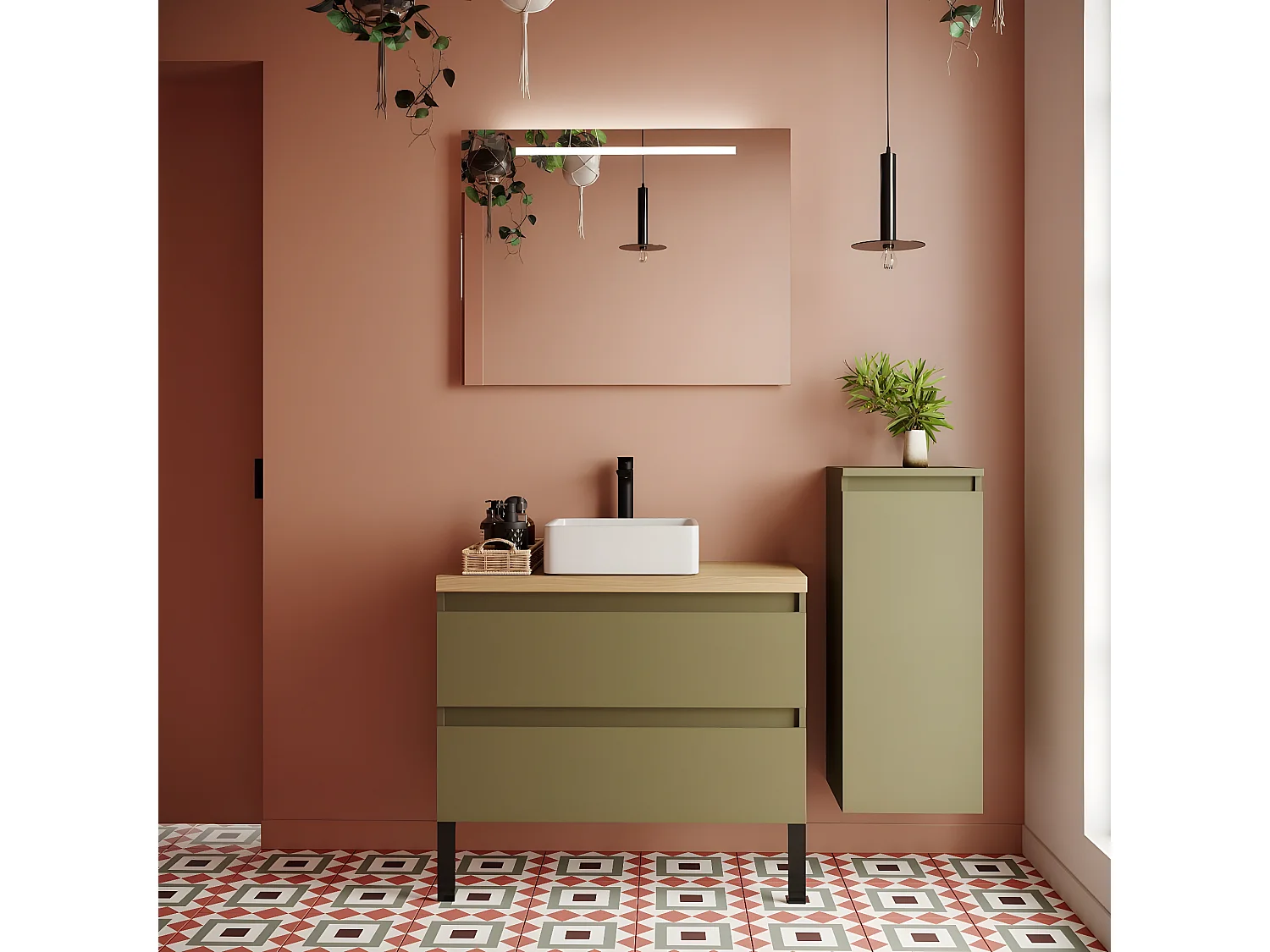 Meuble de salle de bain suspendu vasque à poser 90cm 2 tiroirs Vert olive + miroir + colonne ouverture droite - Hudson