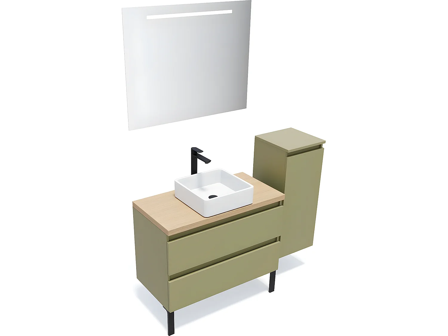 Meuble de salle de bain suspendu vasque à poser 90cm 2 tiroirs Vert olive + miroir + colonne ouverture droite - Hudson