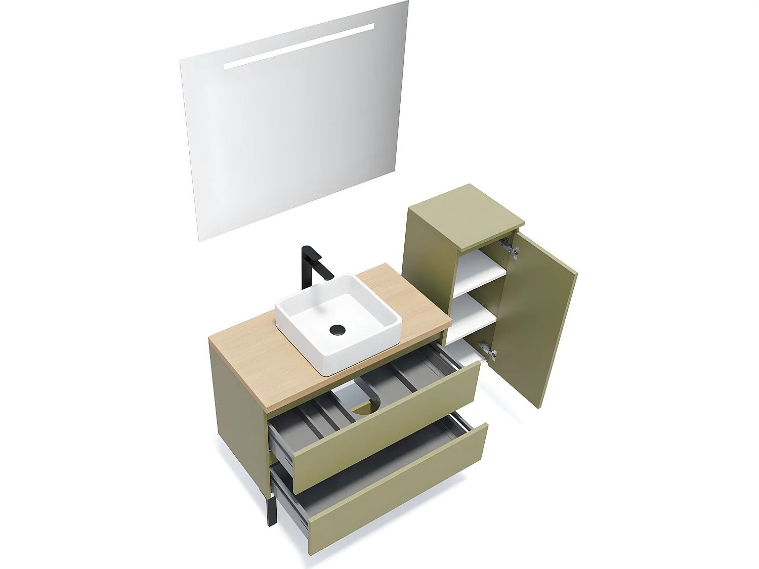 Meuble de salle de bain suspendu vasque à poser 90cm 2 tiroirs Vert olive + miroir + colonne ouverture droite - Hudson