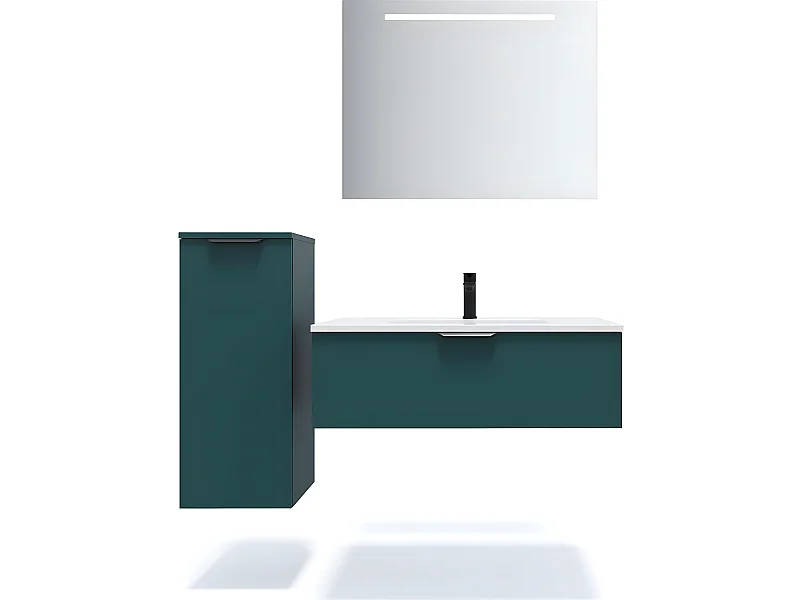 Meuble de salle de bain suspendu vasque intégrée 90cm 1 tiroir Bleu + miroir + colonne ouverture gauche - Soho