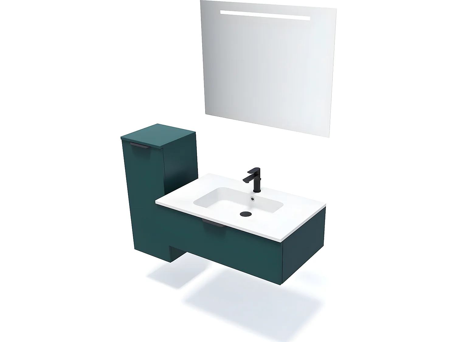 Meuble de salle de bain suspendu vasque intégrée 90cm 1 tiroir Bleu + miroir + colonne ouverture gauche - Soho