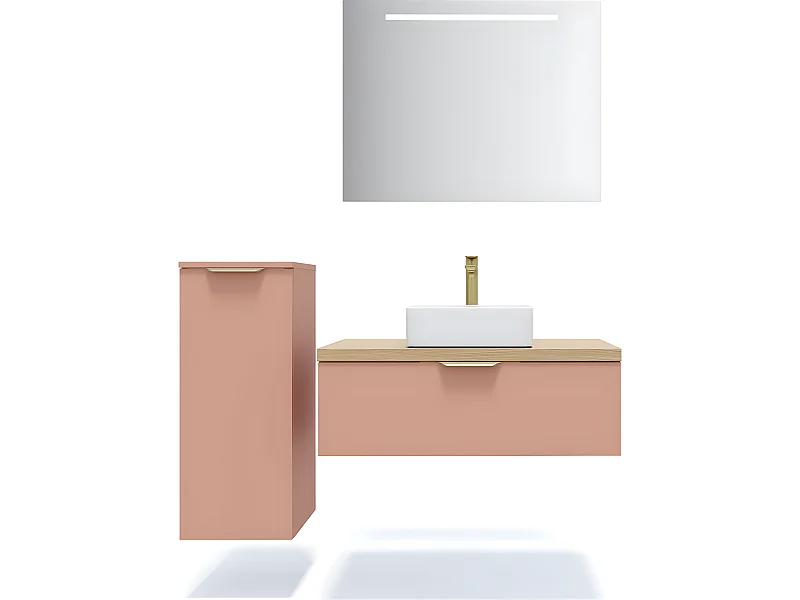 Meuble de salle de bain suspendu vasque à poser 90cm 1 tiroir Abricot + miroir + colonne ouverture gauche - Venice