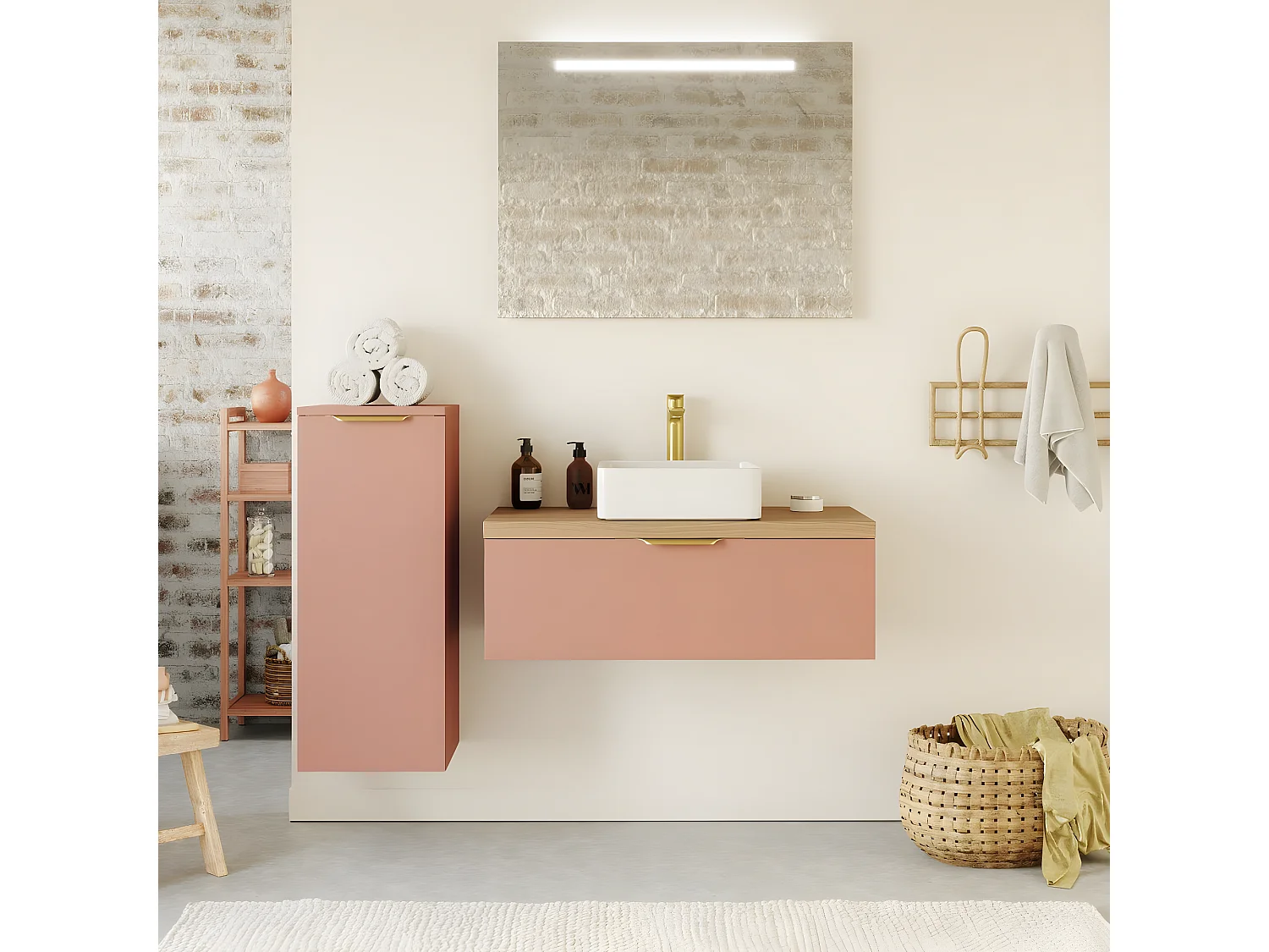 Meuble de salle de bain suspendu vasque à poser 90cm 1 tiroir Abricot + miroir + colonne ouverture gauche - Venice