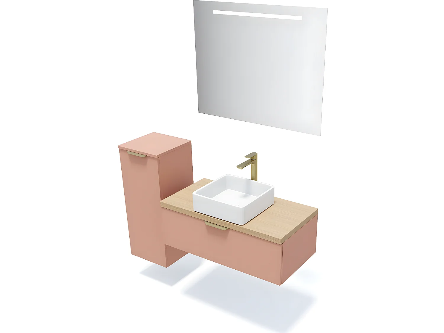 Meuble de salle de bain suspendu vasque à poser 90cm 1 tiroir Abricot + miroir + colonne ouverture gauche - Venice