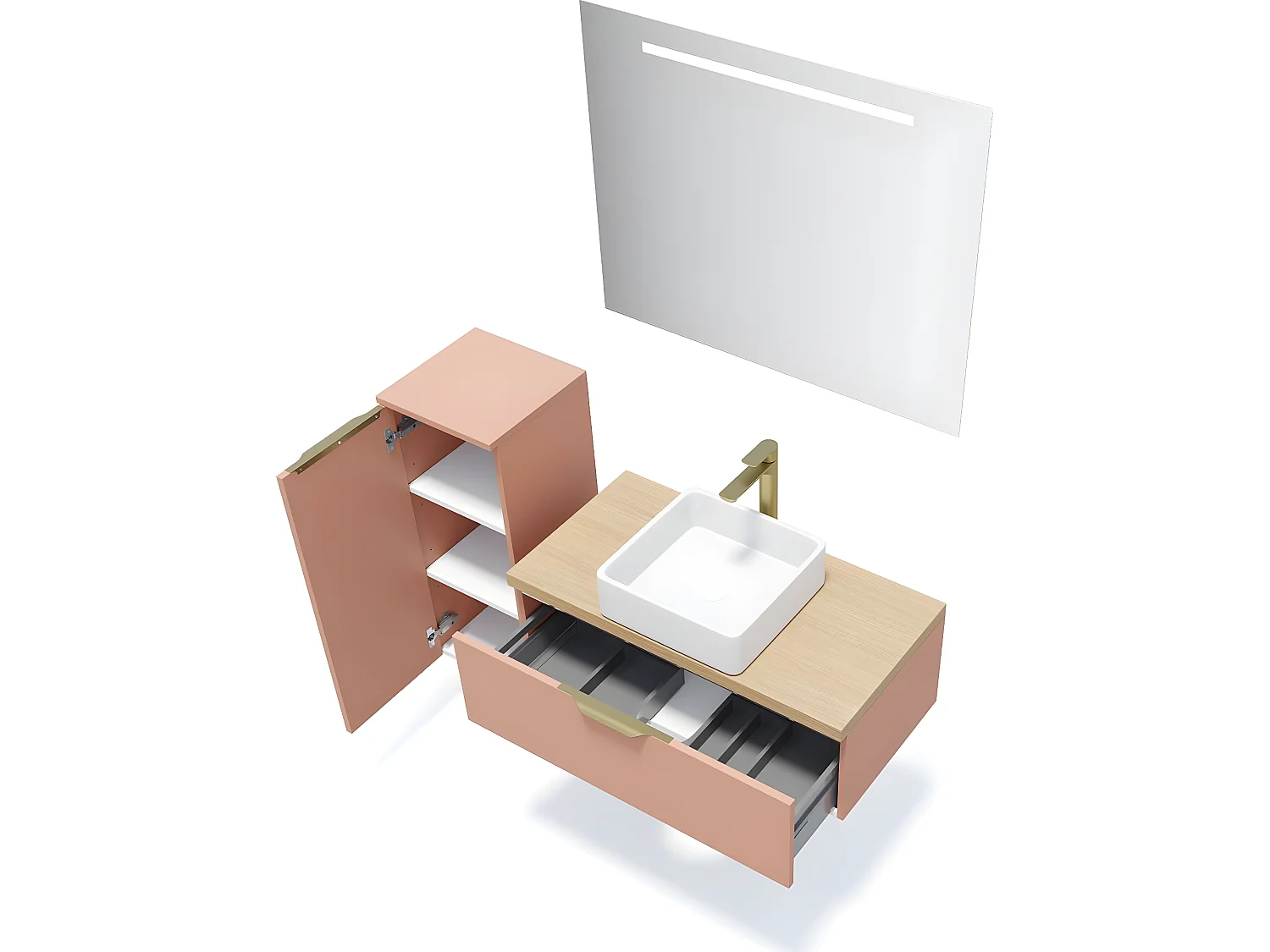 Meuble de salle de bain suspendu vasque à poser 90cm 1 tiroir Abricot + miroir + colonne ouverture gauche - Venice
