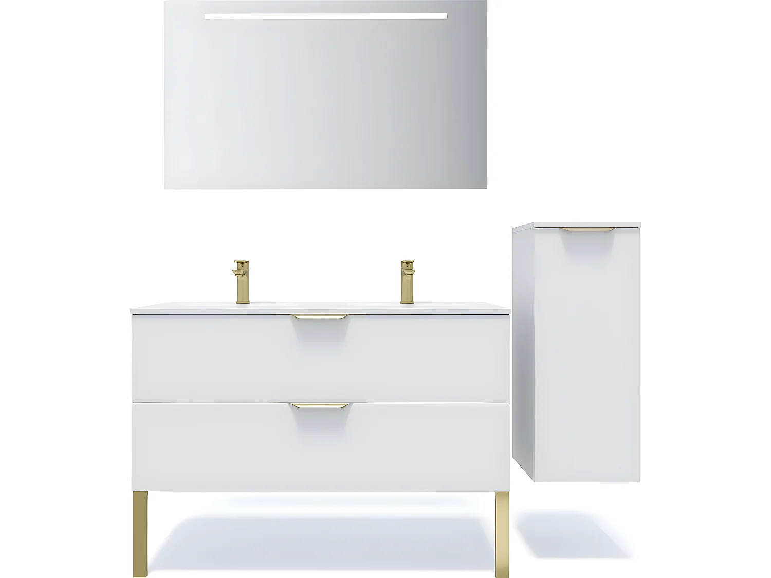 Meuble de salle de bain suspendu double vasque intégrée 120cm 2 tiroirs Blanc + miroir + colonne ouverture droite - Venice