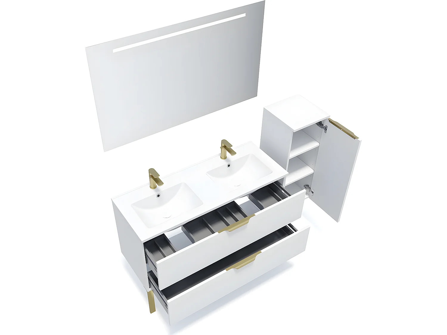 Meuble de salle de bain suspendu double vasque intégrée 120cm 2 tiroirs Blanc + miroir + colonne ouverture droite - Venice