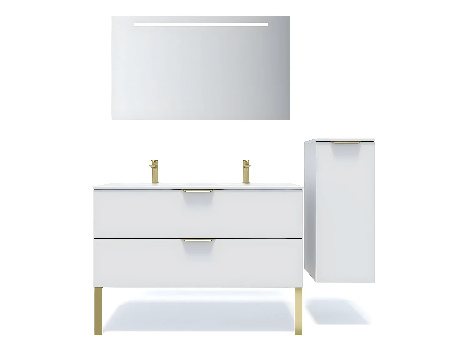Meuble de salle de bain suspendu double vasque intégrée 120cm 2 tiroirs Blanc + miroir + colonne ouverture droite - Venice