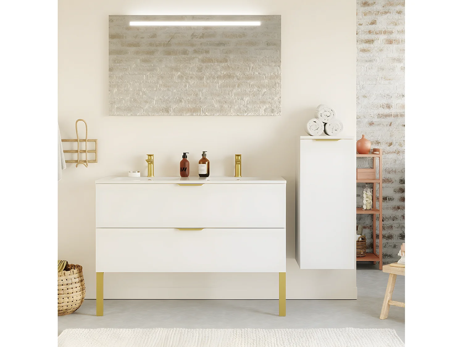 Meuble de salle de bain suspendu double vasque intégrée 120cm 2 tiroirs Blanc + miroir + colonne ouverture droite - Venice