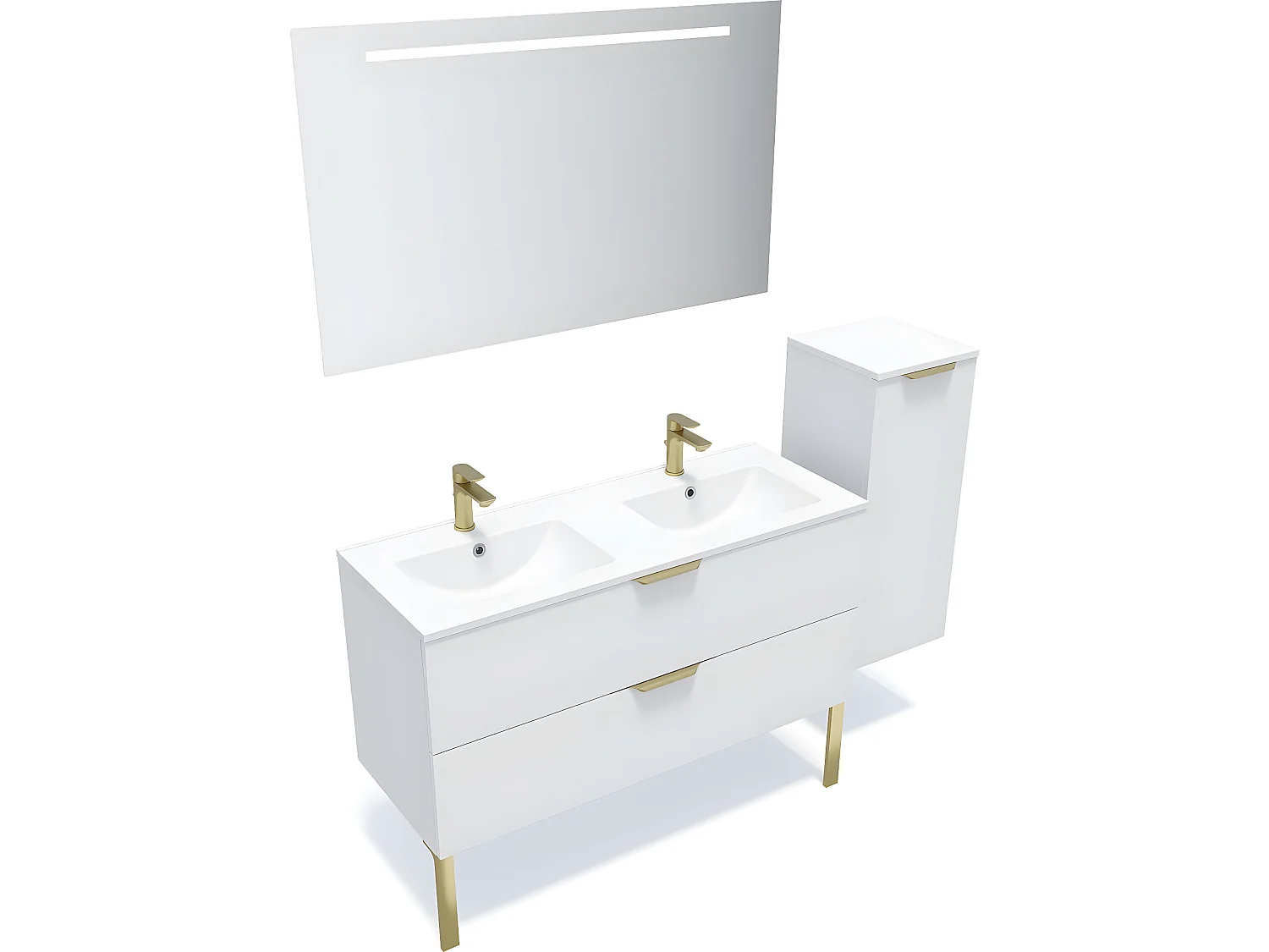 Meuble de salle de bain suspendu double vasque intégrée 120cm 2 tiroirs Blanc + miroir + colonne ouverture droite - Venice