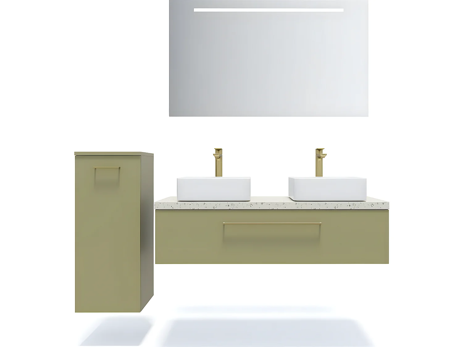 Meuble de salle de bain suspendu 2 vasques à poser 120cm 1 tiroir Vert olive + miroir + colonne ouverture gauche - Glasgow