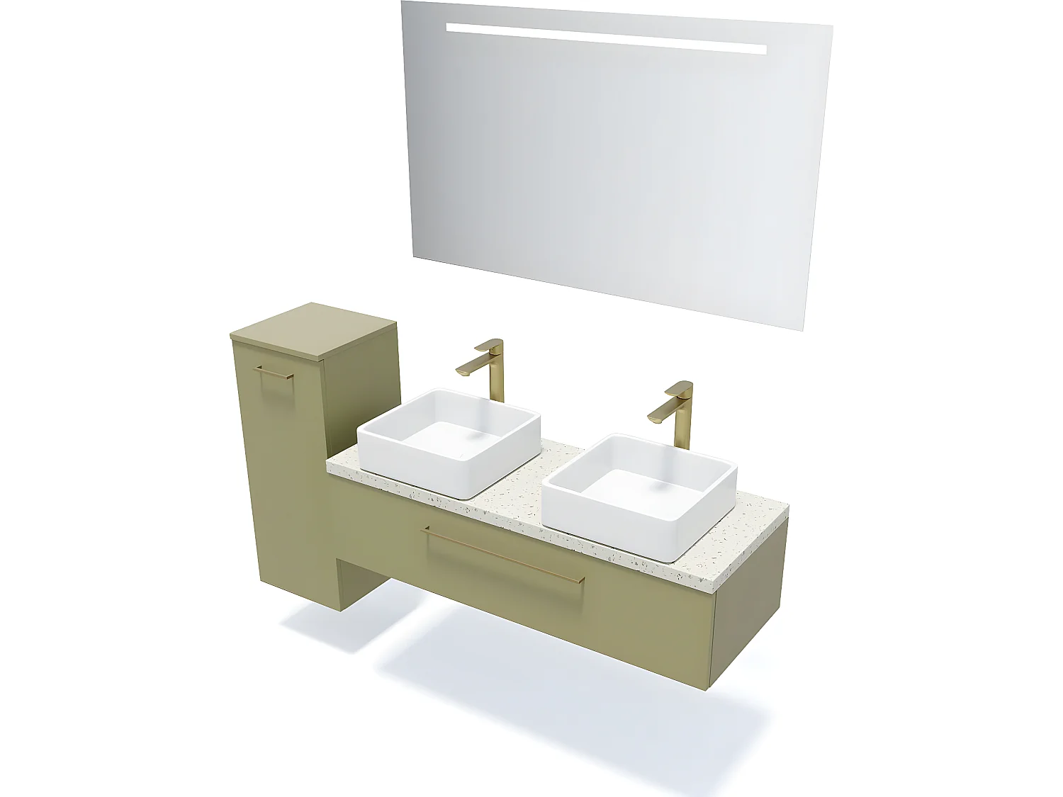 Meuble de salle de bain suspendu 2 vasques à poser 120cm 1 tiroir Vert olive + miroir + colonne ouverture gauche - Glasgow
