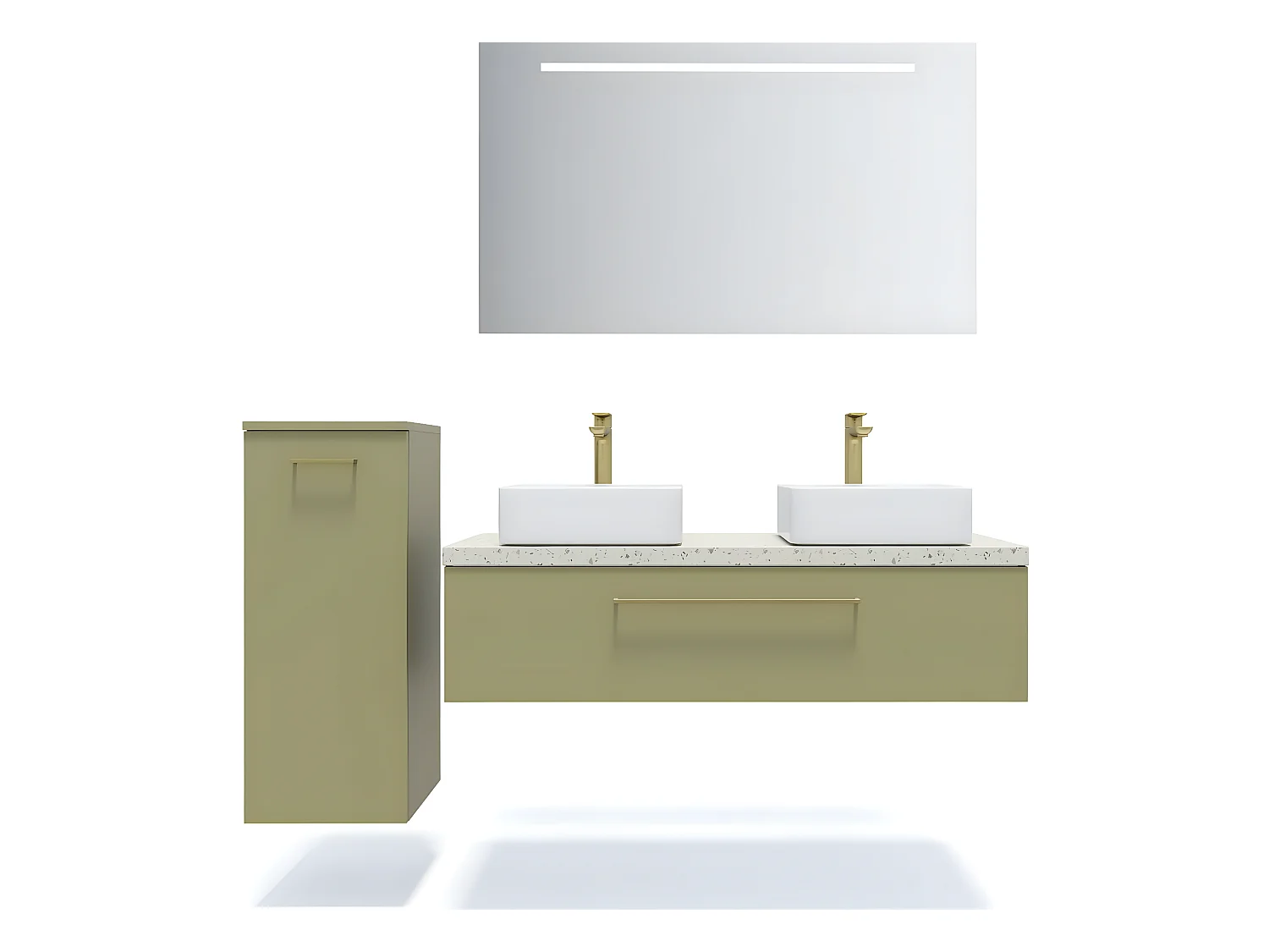 Meuble de salle de bain suspendu 2 vasques à poser 120cm 1 tiroir Vert olive + miroir + colonne ouverture gauche - Glasgow