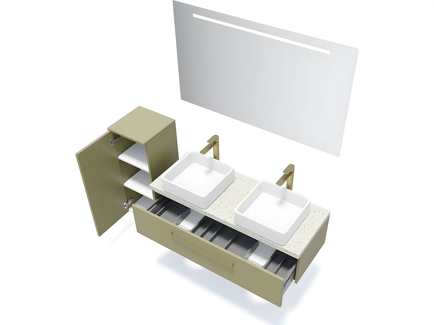 Meuble de salle de bain suspendu 2 vasques à poser 120cm 1 tiroir Vert olive + miroir + colonne ouverture gauche - Glasgow