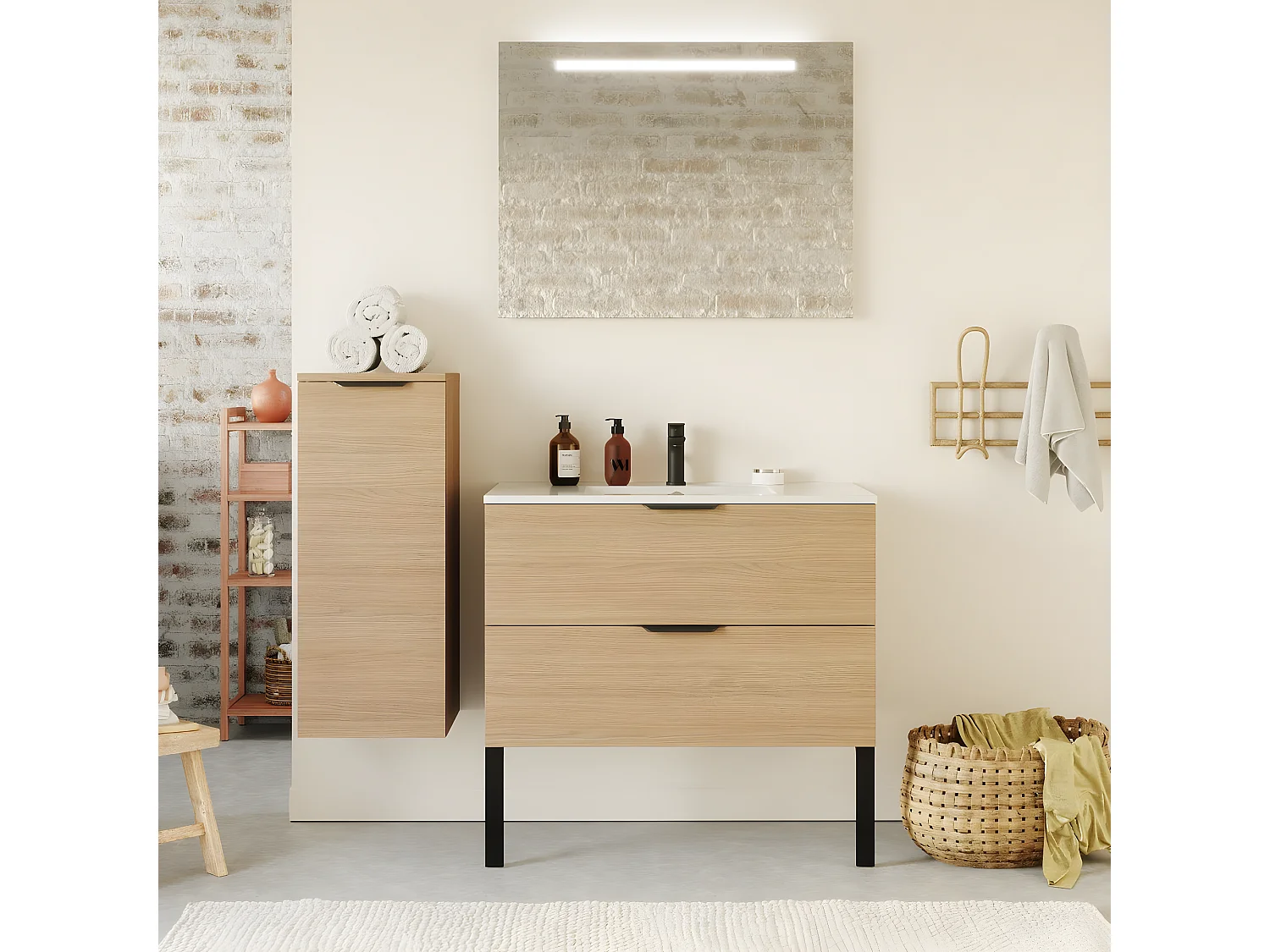 Meuble de salle de bain suspendu vasque intégrée 90cm 2 tiroirs Chêne clair + miroir + colonne ouverture gauche - Venice