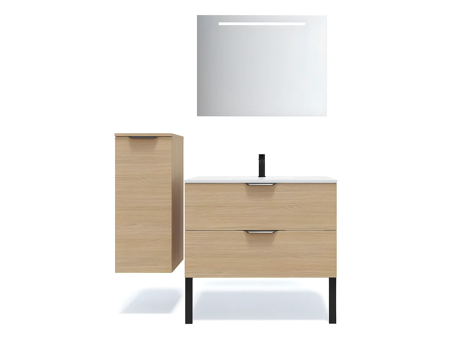 Meuble de salle de bain suspendu vasque intégrée 90cm 2 tiroirs Chêne clair + miroir + colonne ouverture gauche - Venice