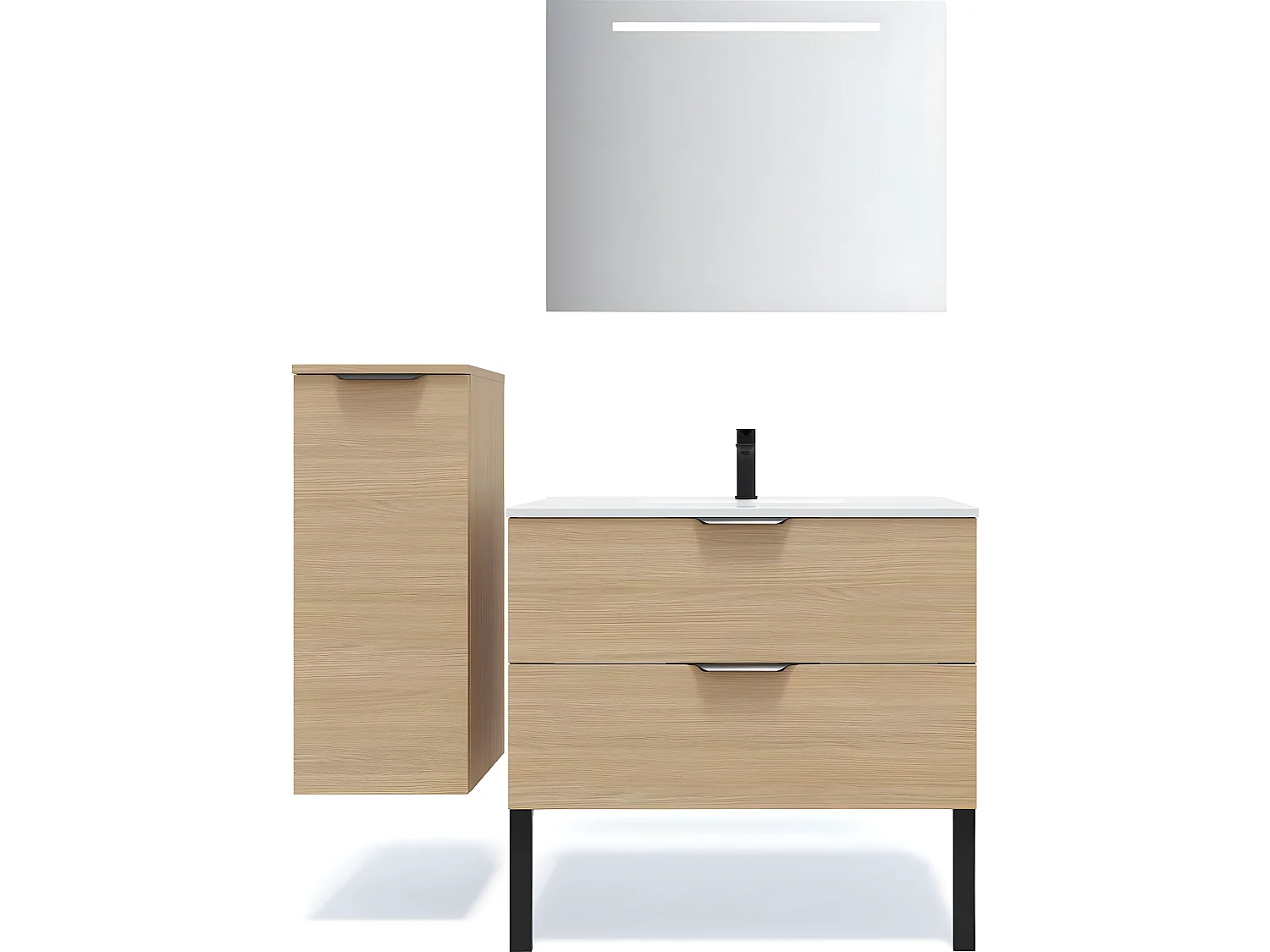 Meuble de salle de bain suspendu vasque intégrée 90cm 2 tiroirs Chêne clair + miroir + colonne ouverture gauche - Venice