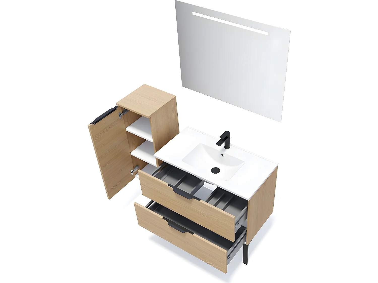 Meuble de salle de bain suspendu vasque intégrée 90cm 2 tiroirs Chêne clair + miroir + colonne ouverture gauche - Venice