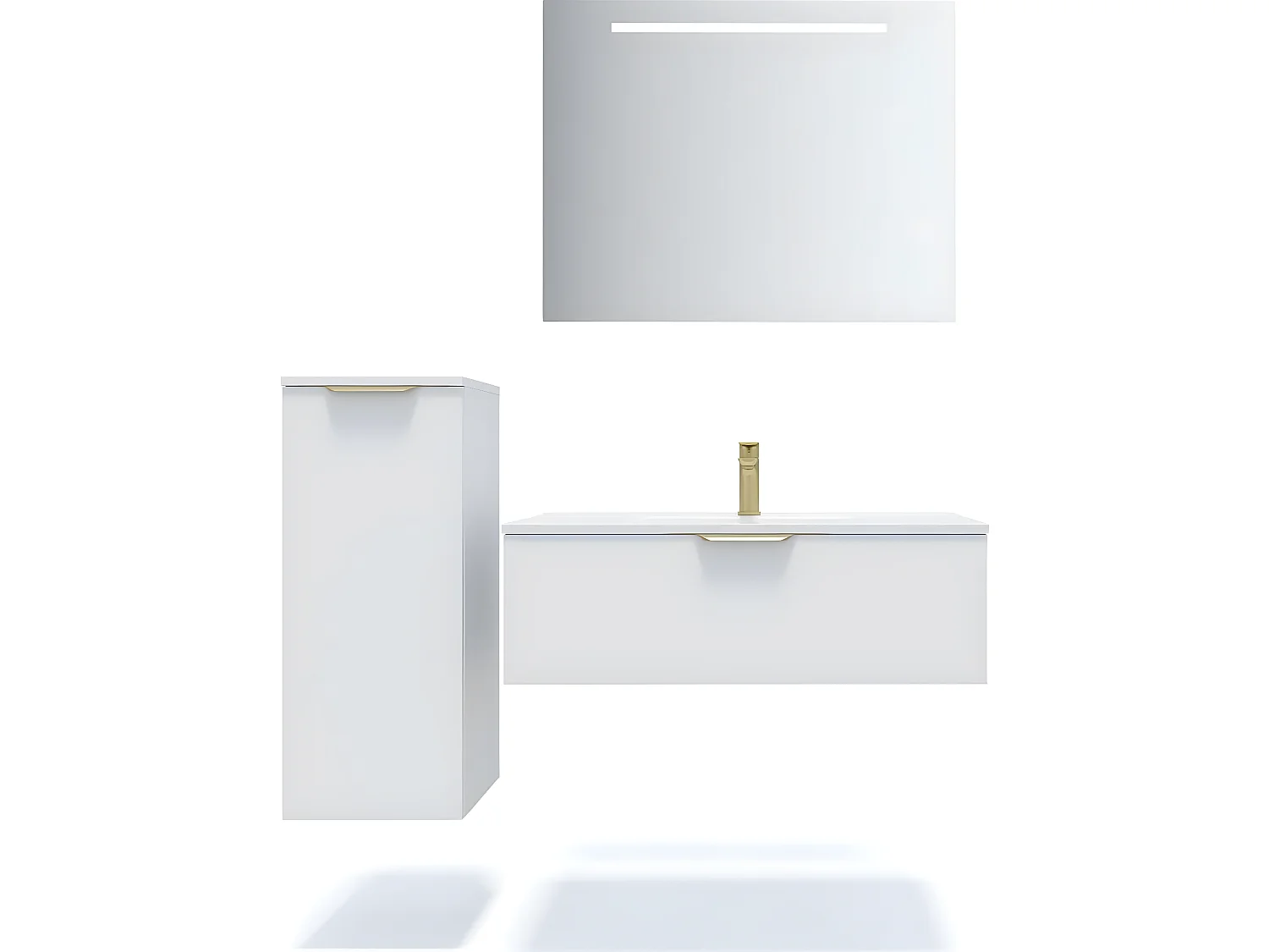 Meuble de salle de bain suspendu vasque intégrée 90cm 1 tiroir Blanc + miroir + colonne ouverture gauche - Venice