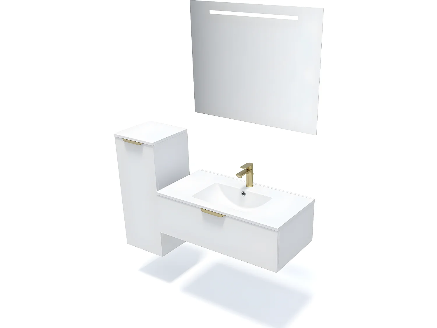Meuble de salle de bain suspendu vasque intégrée 90cm 1 tiroir Blanc + miroir + colonne ouverture gauche - Venice