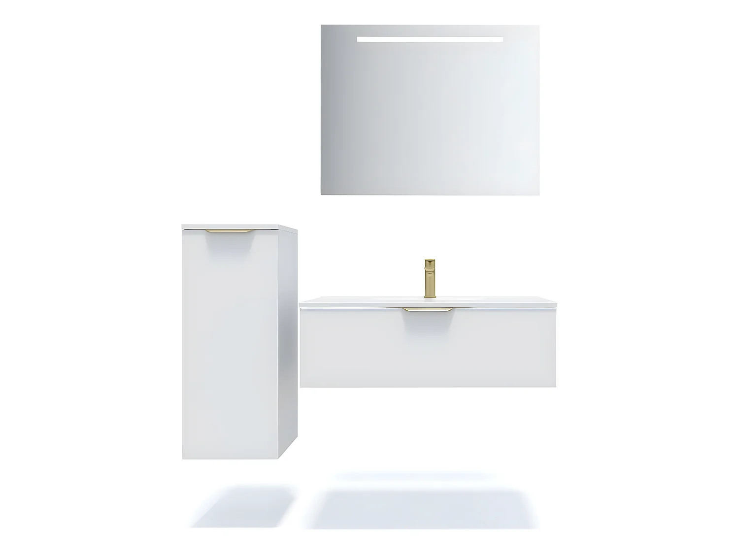Meuble de salle de bain suspendu vasque intégrée 90cm 1 tiroir Blanc + miroir + colonne ouverture gauche - Venice