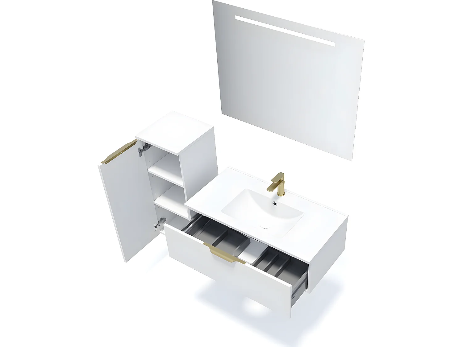 Meuble de salle de bain suspendu vasque intégrée 90cm 1 tiroir Blanc + miroir + colonne ouverture gauche - Venice