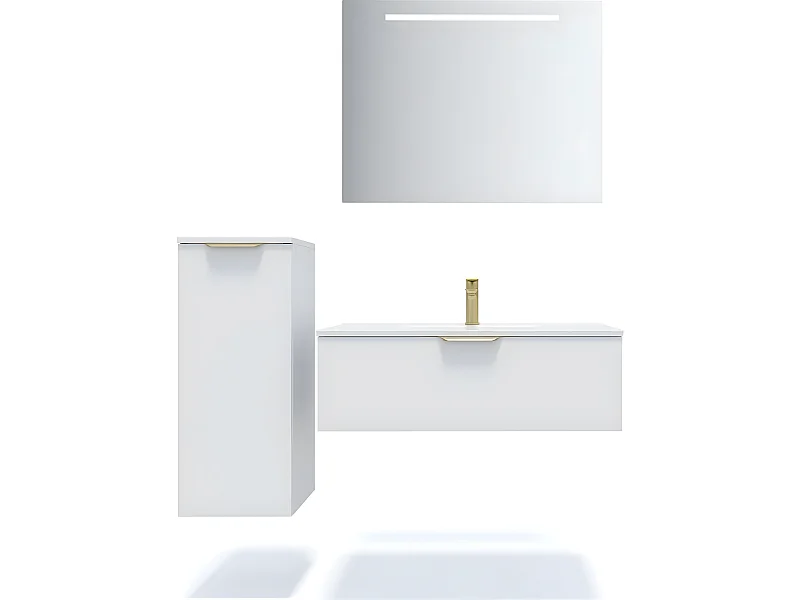 Meuble de salle de bain suspendu vasque intégrée 90cm 1 tiroir Blanc + miroir + colonne ouverture gauche - Venice