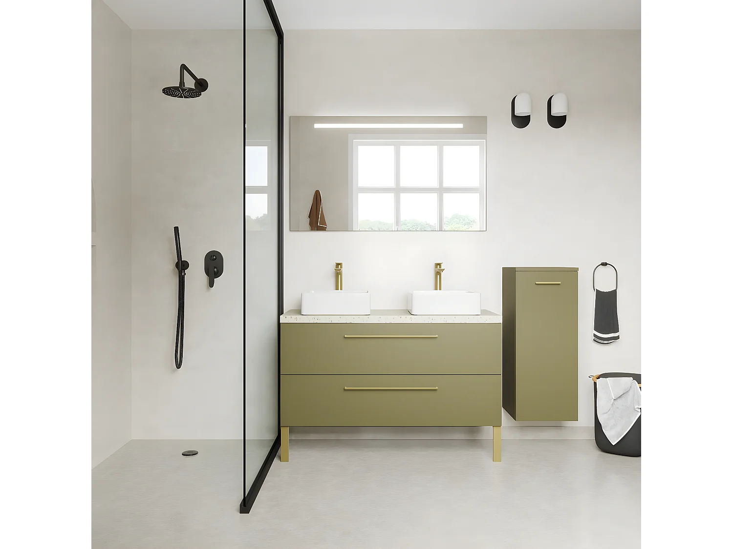 Meuble de salle de bain suspendu 2 vasques à poser 120cm 2 tiroirs Vert olive + miroir + colonne ouverture droite - Glasgow