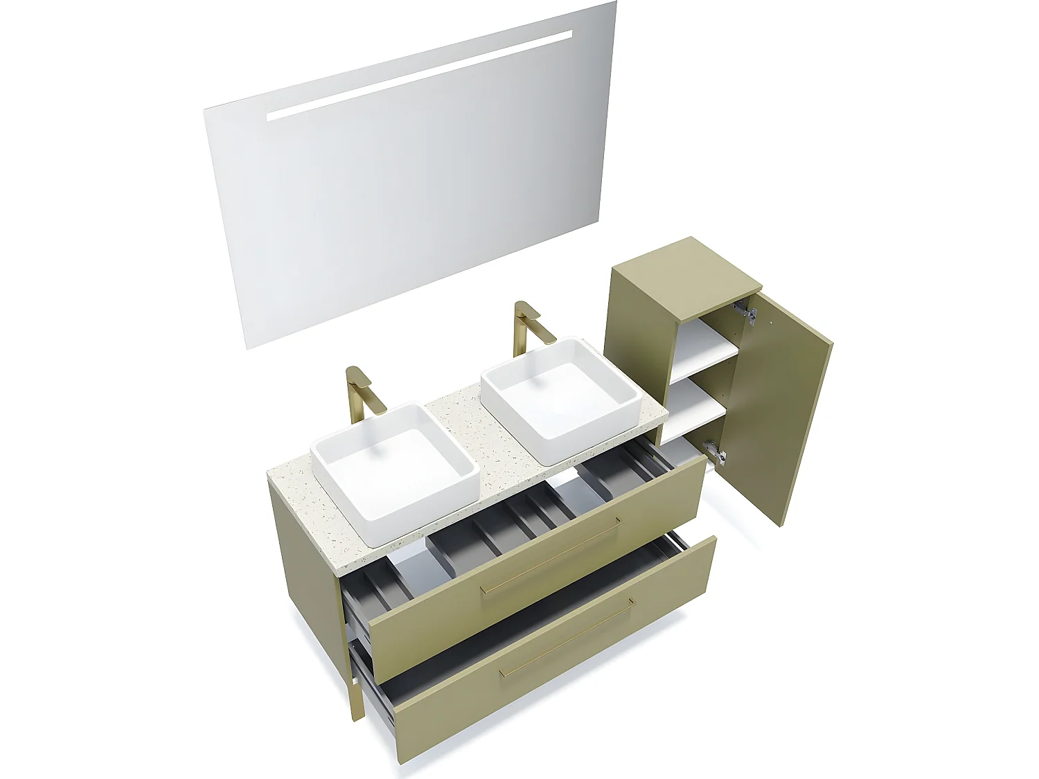 Meuble de salle de bain suspendu 2 vasques à poser 120cm 2 tiroirs Vert olive + miroir + colonne ouverture droite - Glasgow