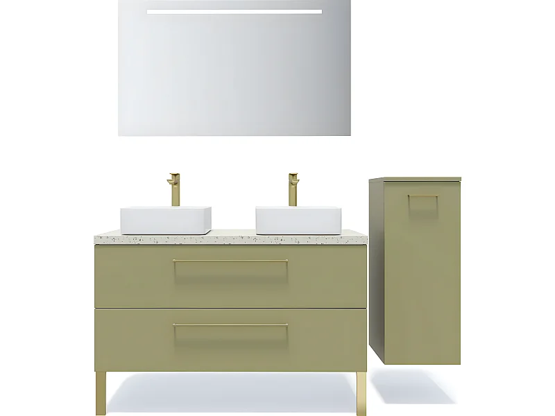 Meuble de salle de bain suspendu 2 vasques à poser 120cm 2 tiroirs Vert olive + miroir + colonne ouverture droite - Glasgow