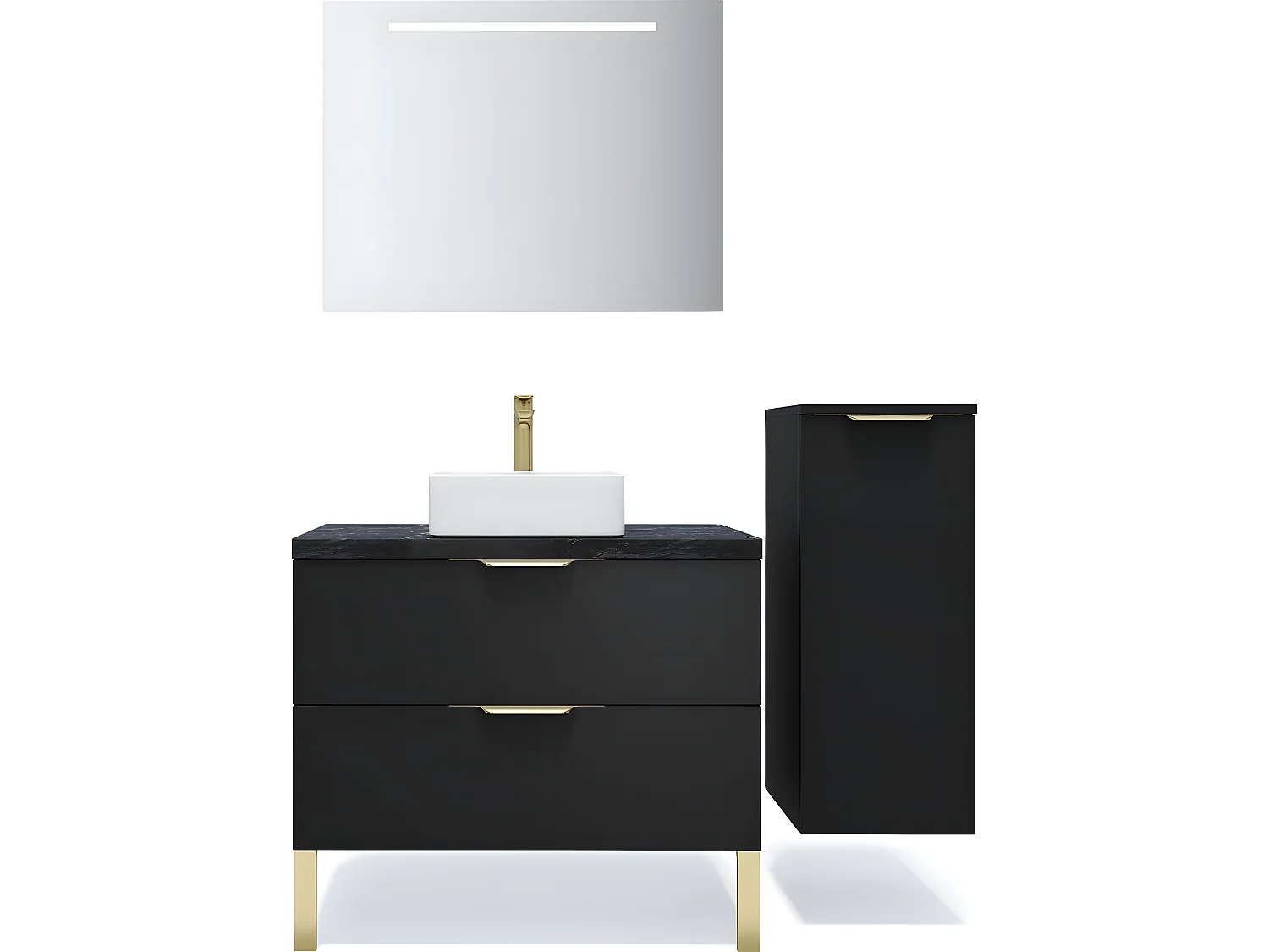 Meuble de salle de bain suspendu vasque à poser 90cm 2 tiroirs Noir + miroir + colonne ouverture droite - Venice