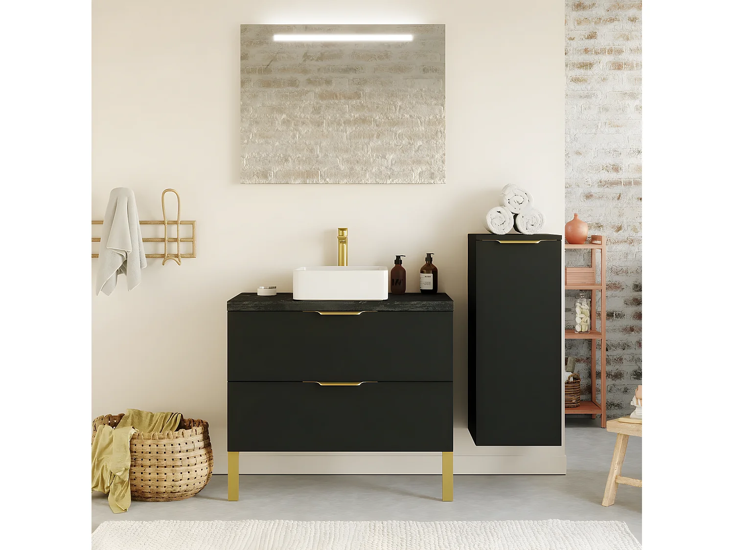 Meuble de salle de bain suspendu vasque à poser 90cm 2 tiroirs Noir + miroir + colonne ouverture droite - Venice