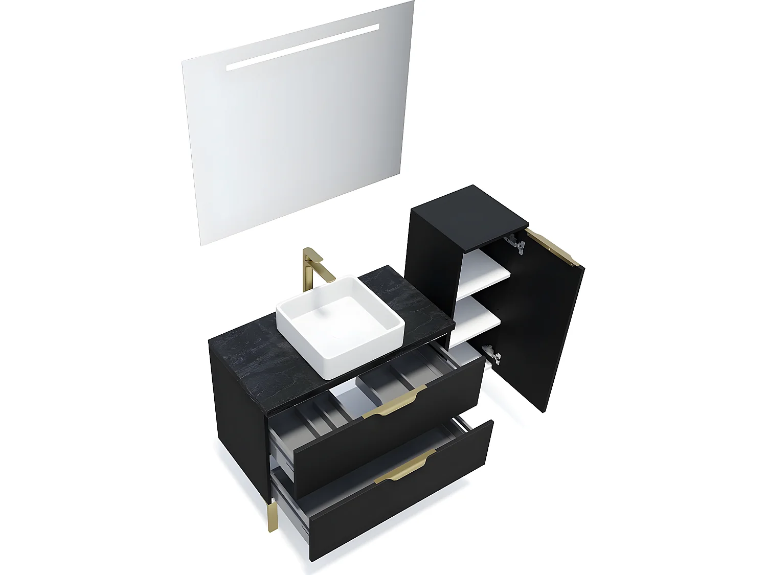 Meuble de salle de bain suspendu vasque à poser 90cm 2 tiroirs Noir + miroir + colonne ouverture droite - Venice