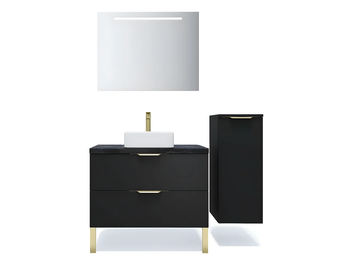 Meuble de salle de bain suspendu vasque à poser 90cm 2 tiroirs Noir + miroir + colonne ouverture droite - Venice