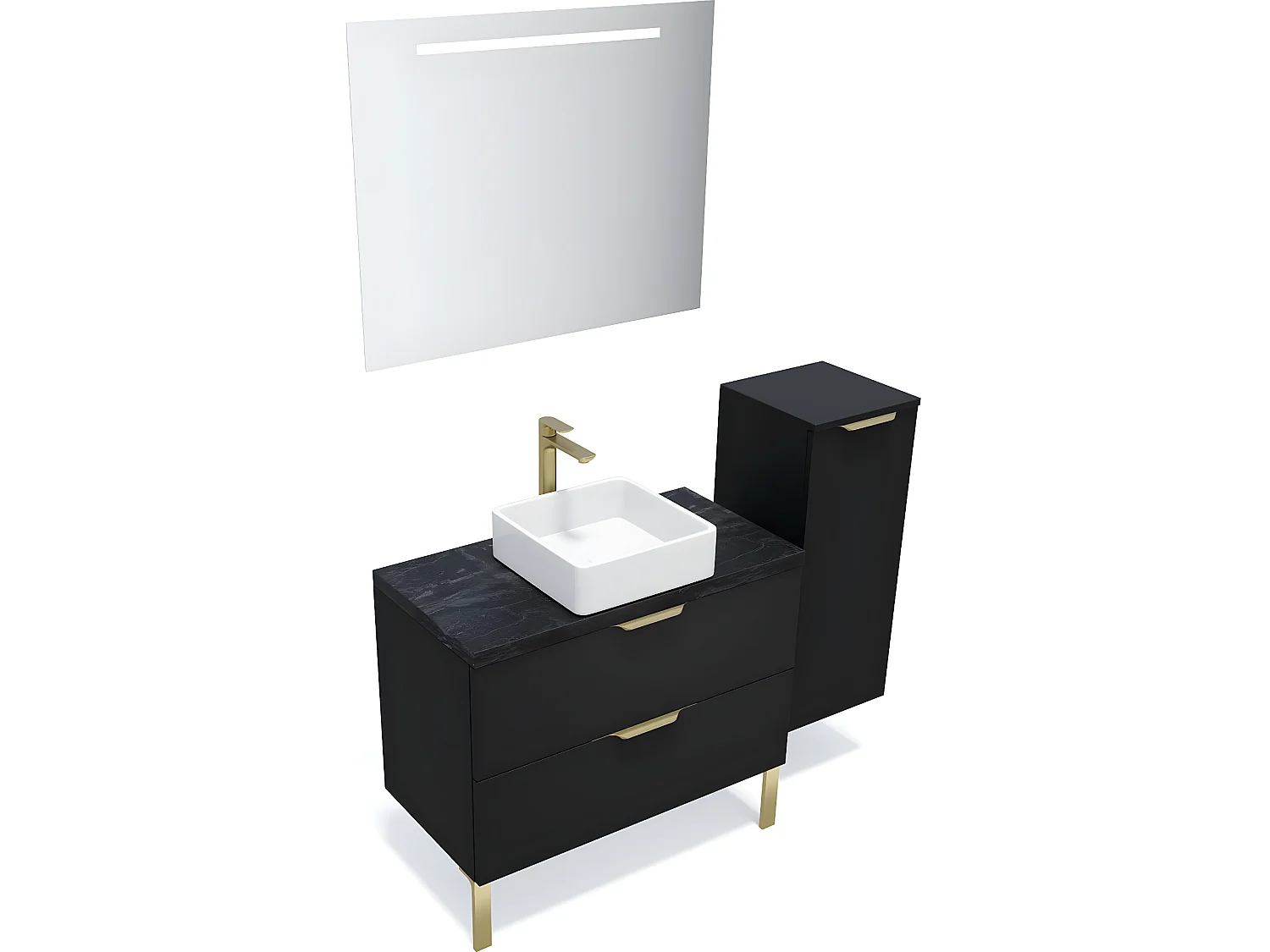 Meuble de salle de bain suspendu vasque à poser 90cm 2 tiroirs Noir + miroir + colonne ouverture droite - Venice